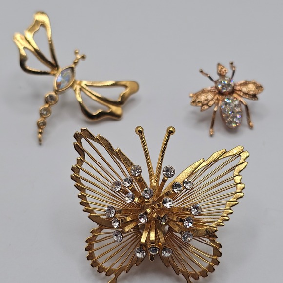 Lot of 3 Vtg Gold Tone Insect Rhinestone Brooch Pins Butterfly Fly Dragonfly - Picture 10 of 16